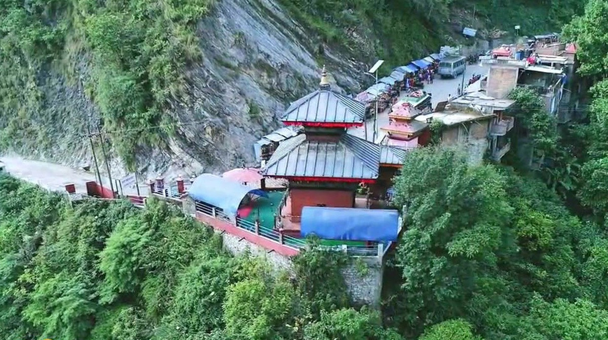 Stone formations and cliff face at Supa Deurali Temple showing legendary Lahure rock
